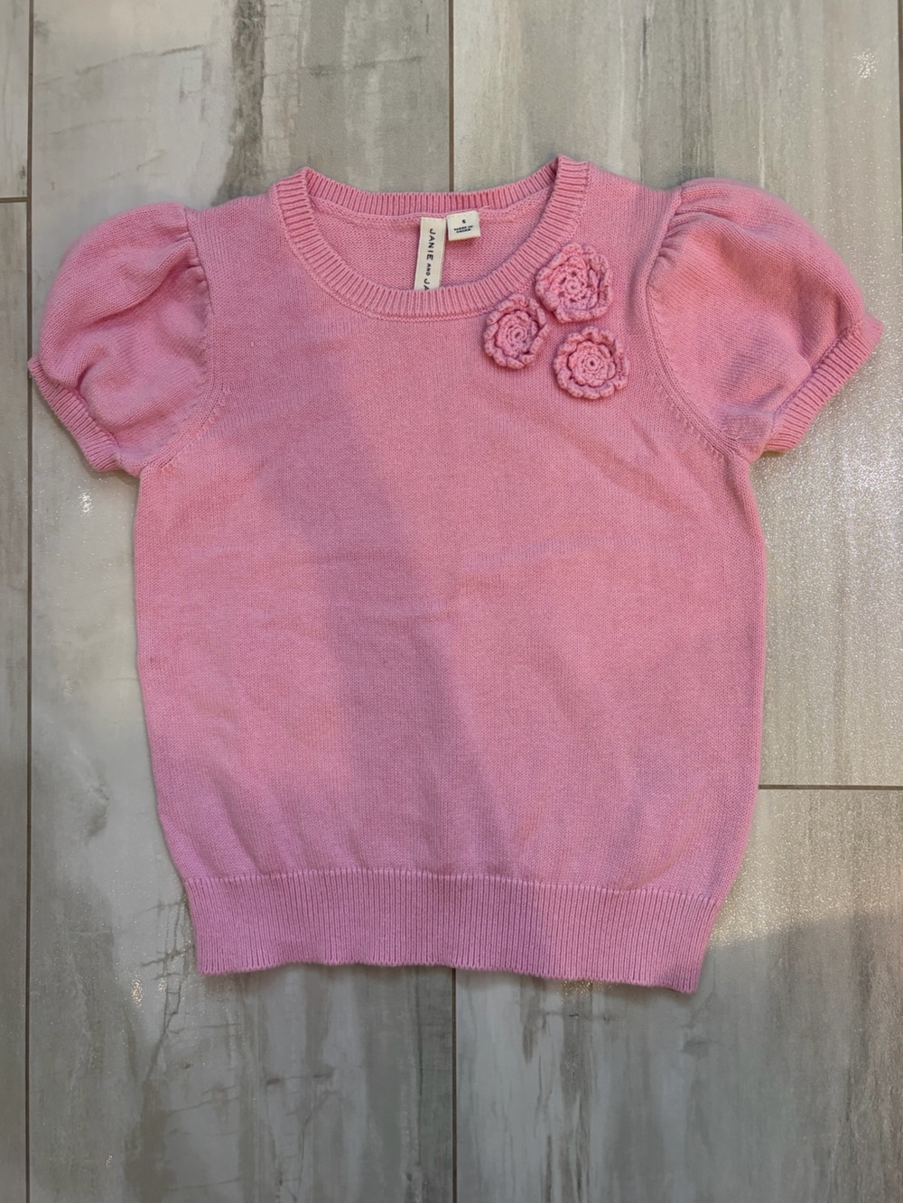 Janie & Jack Classic Pink Crochet Detail Puff Sleeve Sweater Girls 5